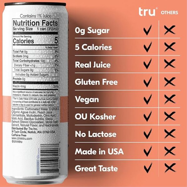 Tru Gutsy Seltzer, Probiotic Prebiotic Drinks with Vitamin B3, Peach Fruit Juice Flavored - Image 2