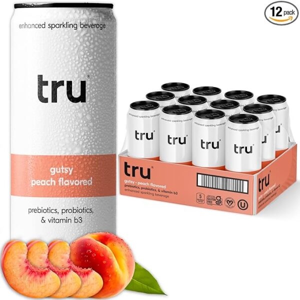 Tru Gutsy Seltzer, Probiotic Prebiotic Drinks with Vitamin B3, Peach Fruit Juice Flavored